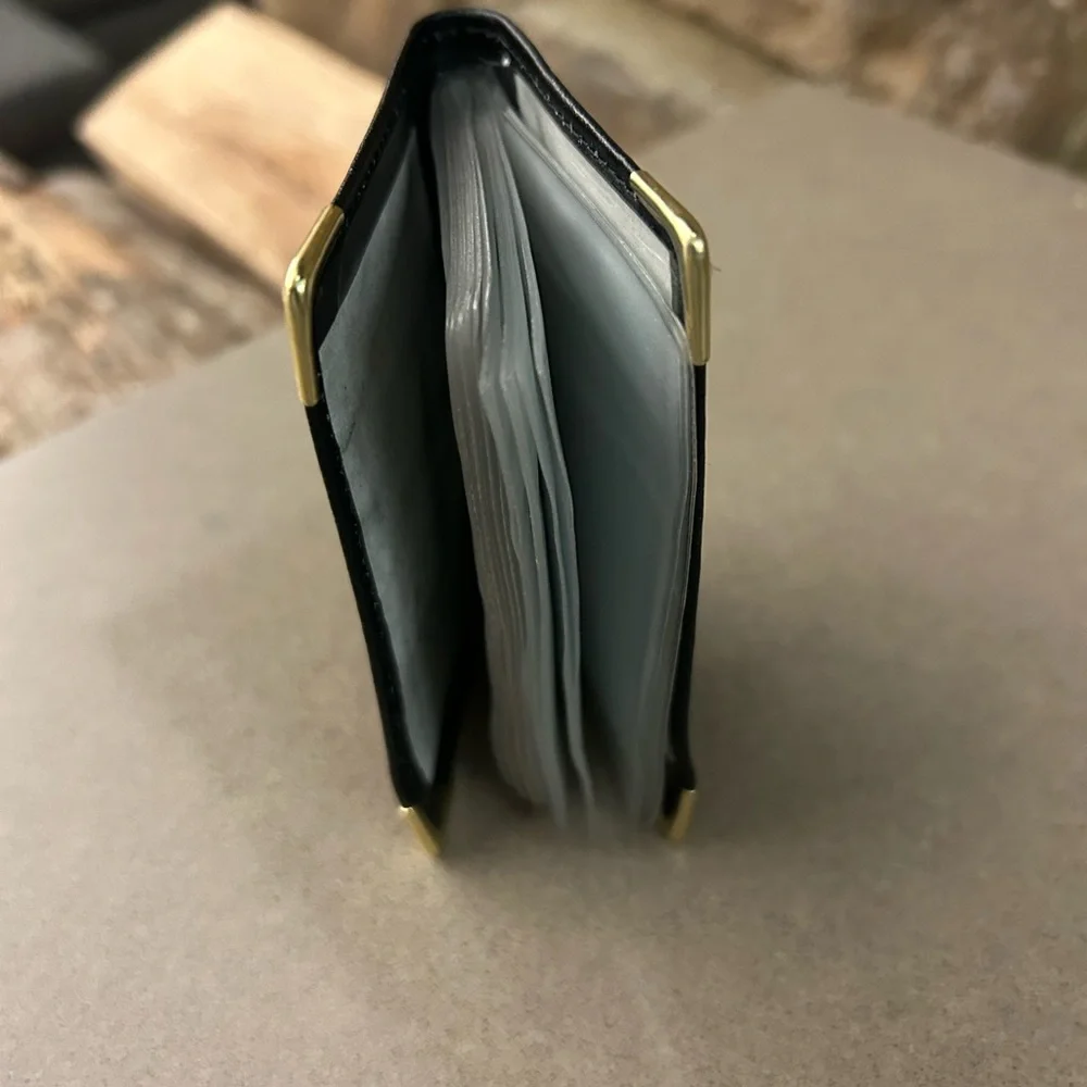 Wallet leather Elegant Black Wallet with Gold Corners-card or picture holder